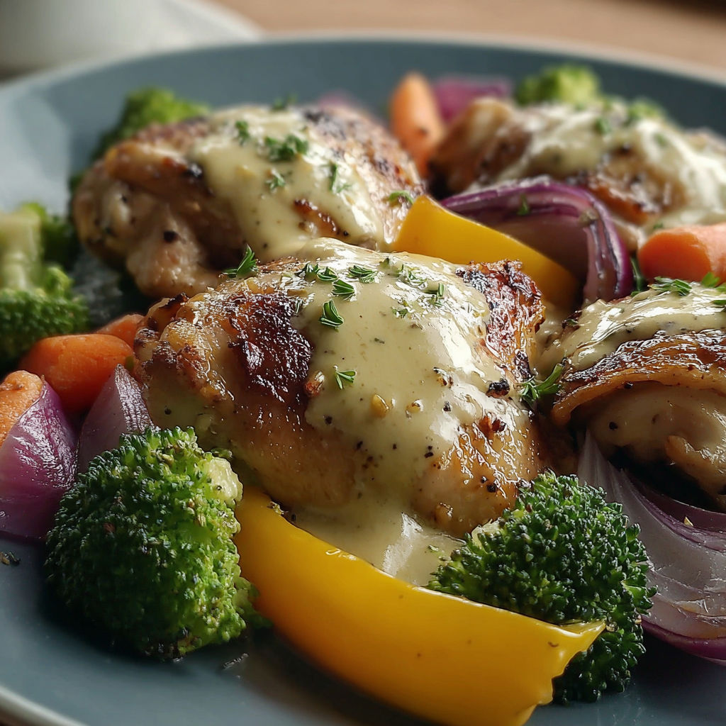 A plate of chicken thighs and vegetables.