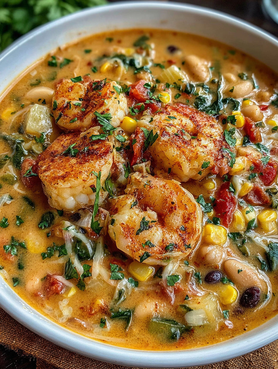 A bowl of soup with shrimp and corn.