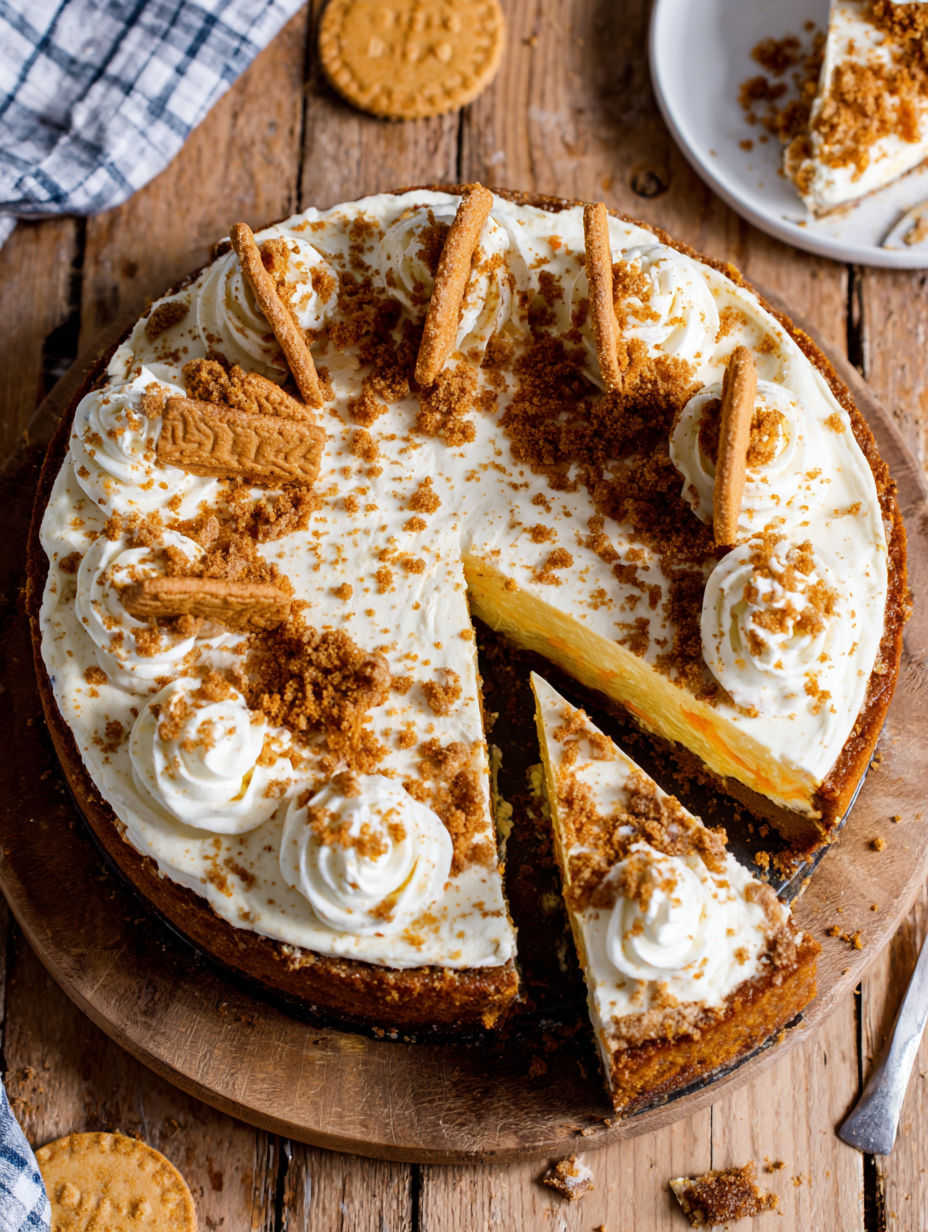 A slice of carrot cake cheesecake on a wooden table.