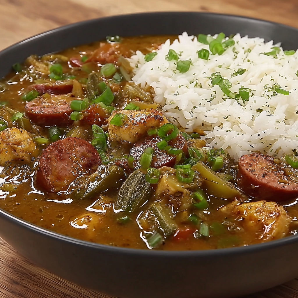 A bowl of chicken and sausage gumbo.