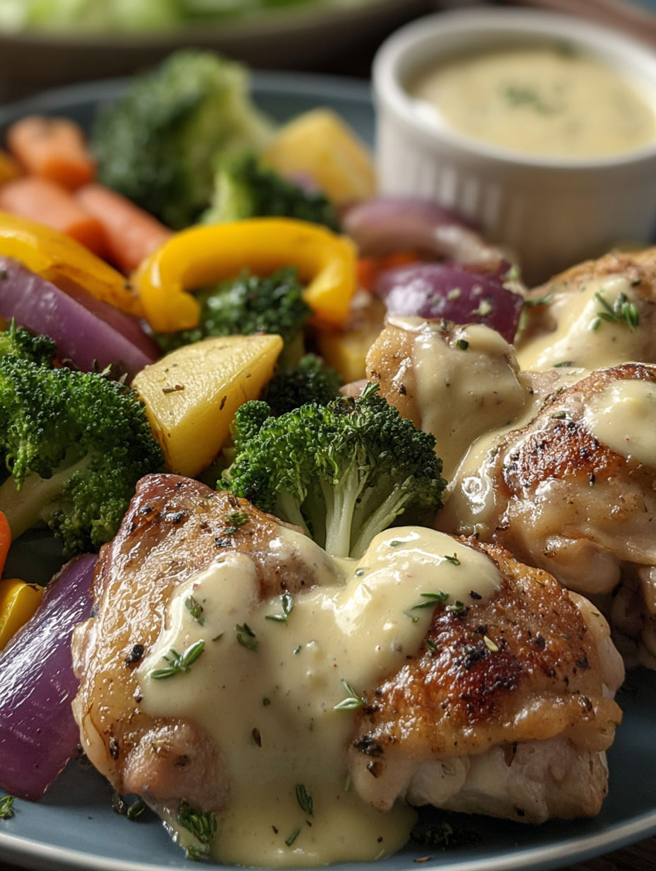 A plate of food with chicken, broccoli, carrots, and peppers.