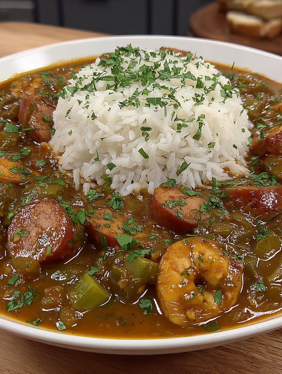 A bowl of gumbo with rice and sausage.