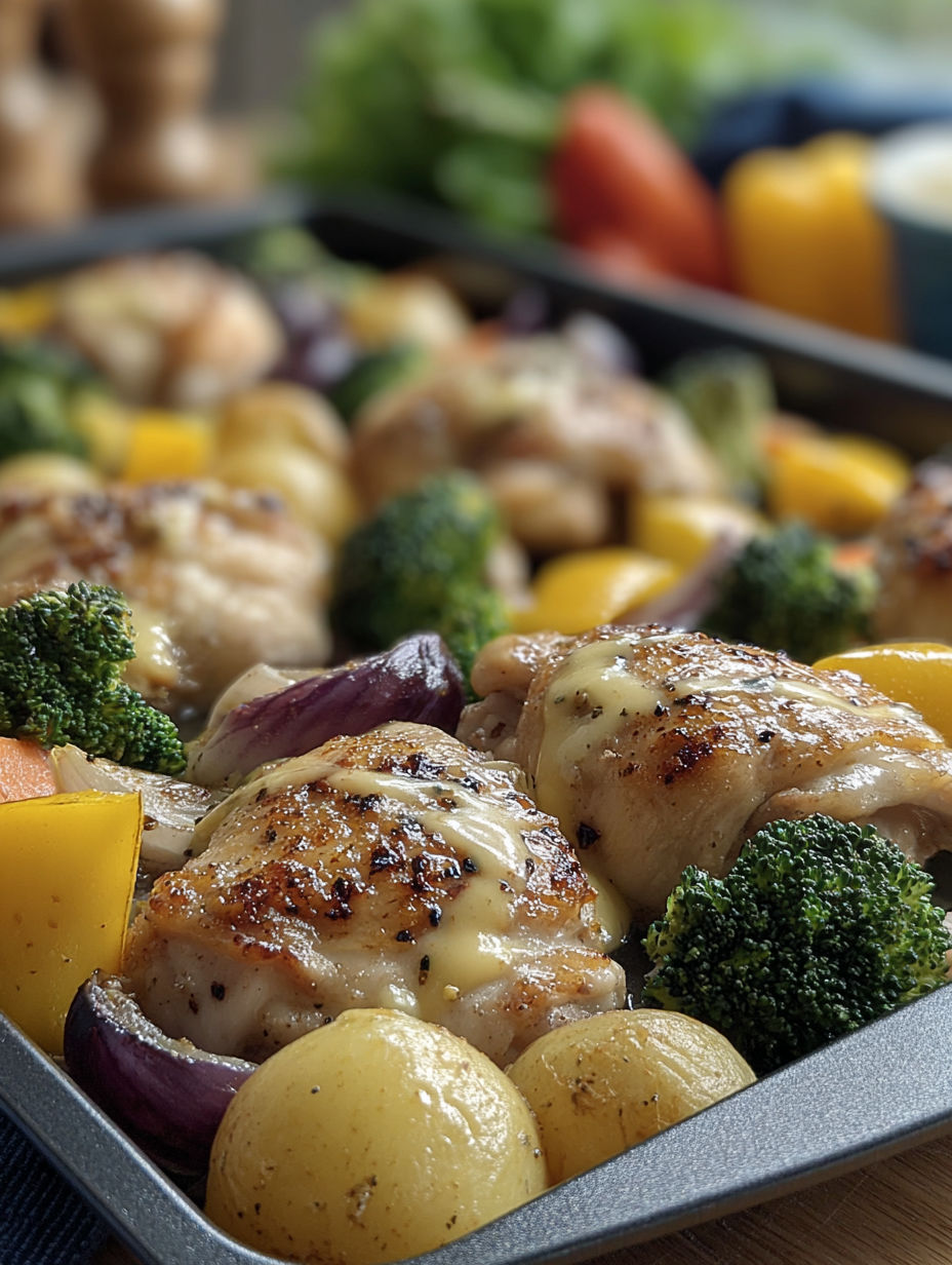 A dish of food with chicken, broccoli, and potatoes.