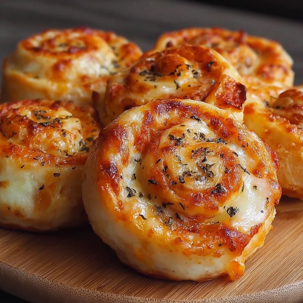 A plate of cheesy pizza rolls.