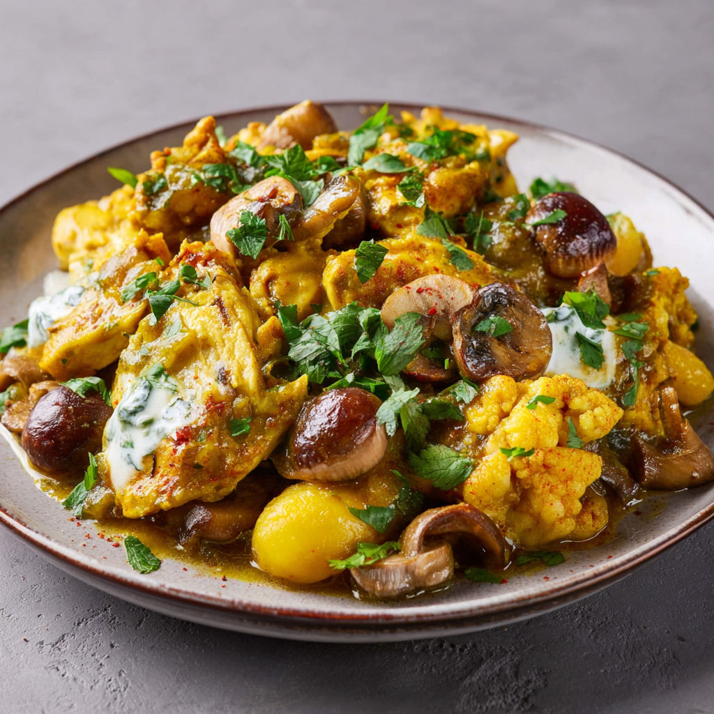 A plate of food with mushrooms and other ingredients.