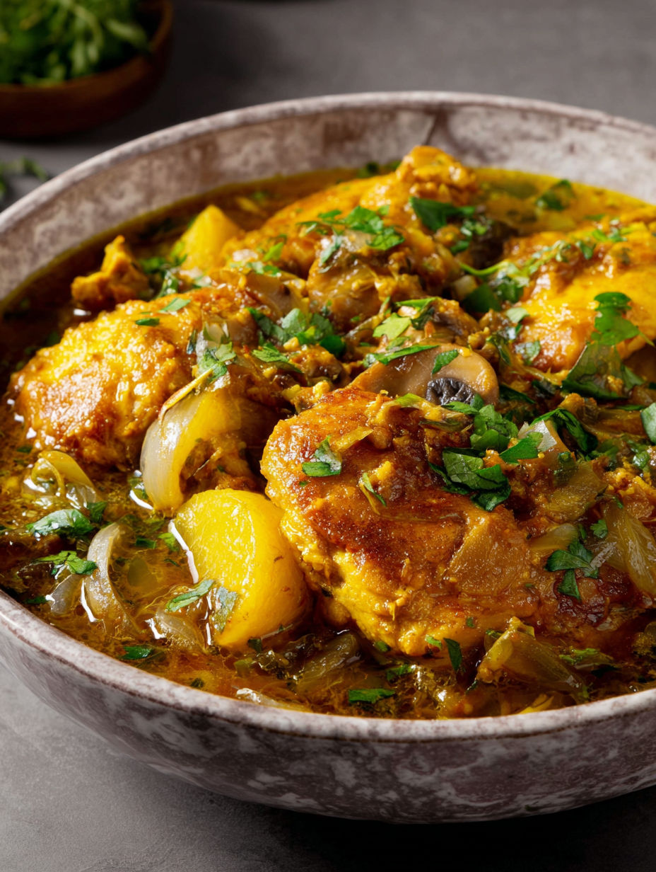 A bowl of curry with meat and vegetables.