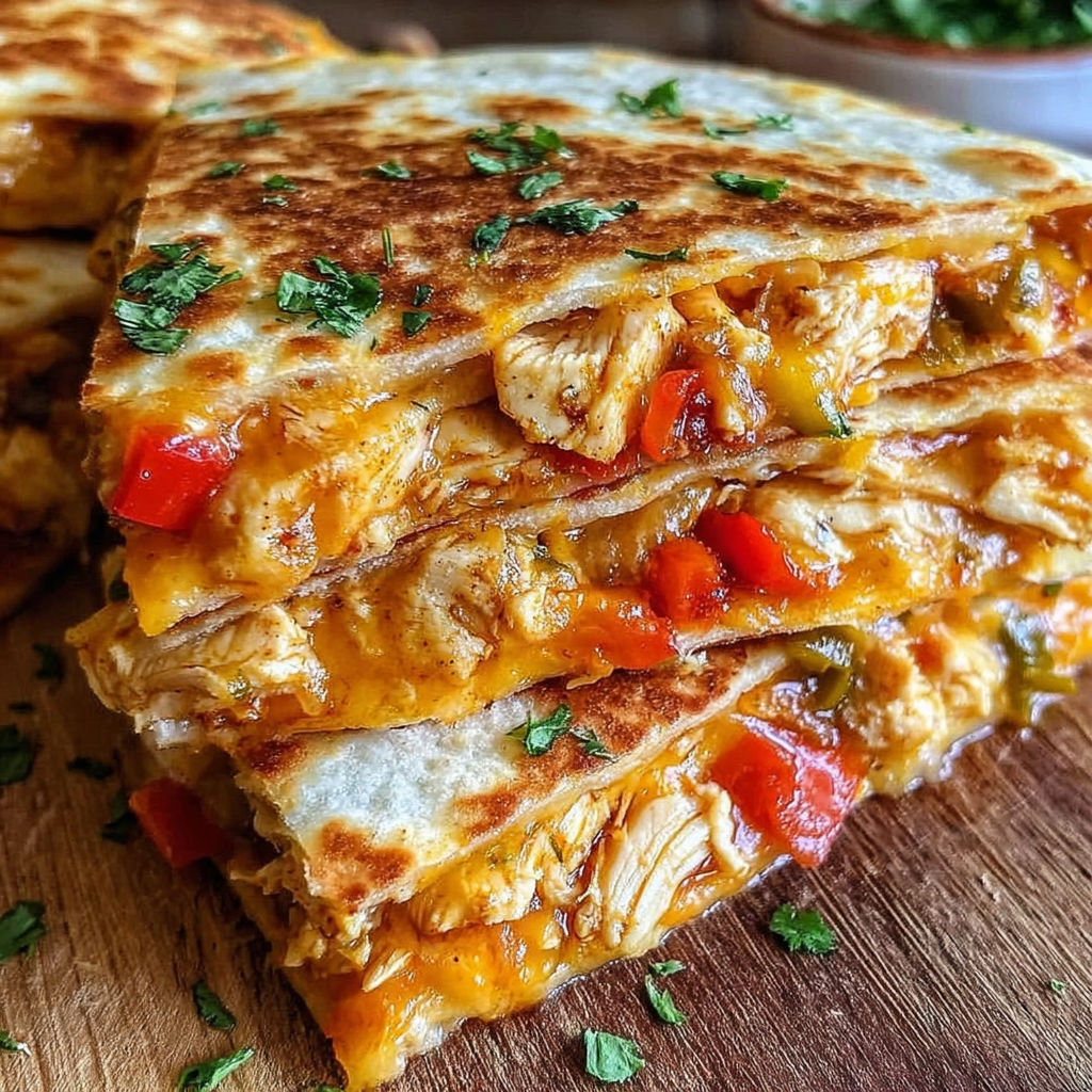 A stack of chicken quesadillas with peppers and onions.