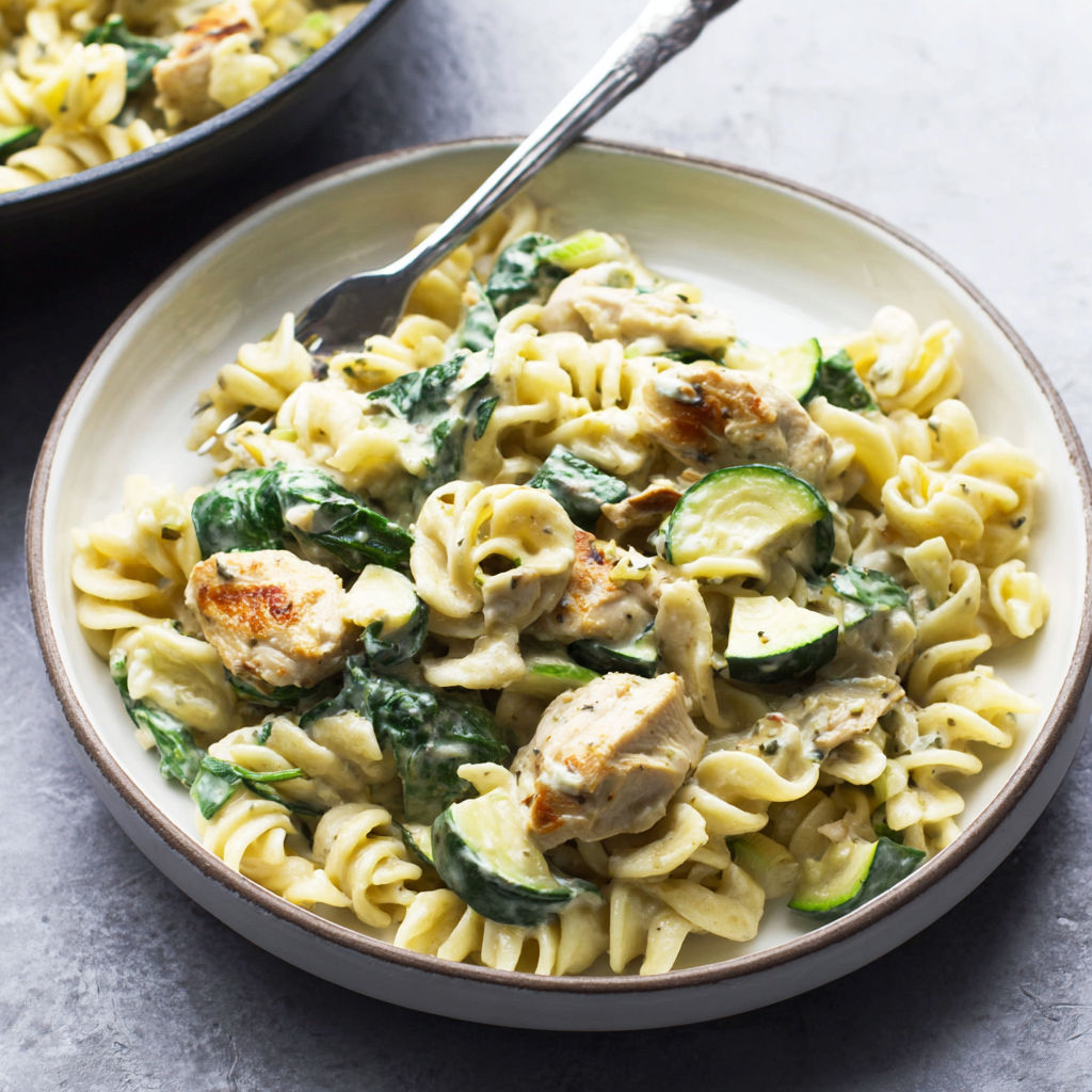 A plate of pasta with chicken and vegetables.