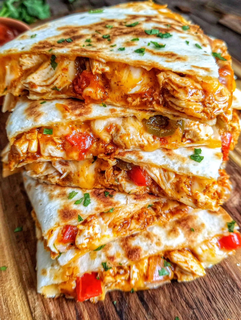 A stack of chicken quesadillas with peppers, onions, and melty cheese.