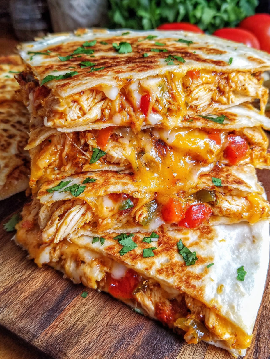 A stack of chicken quesadillas with peppers and cheese.