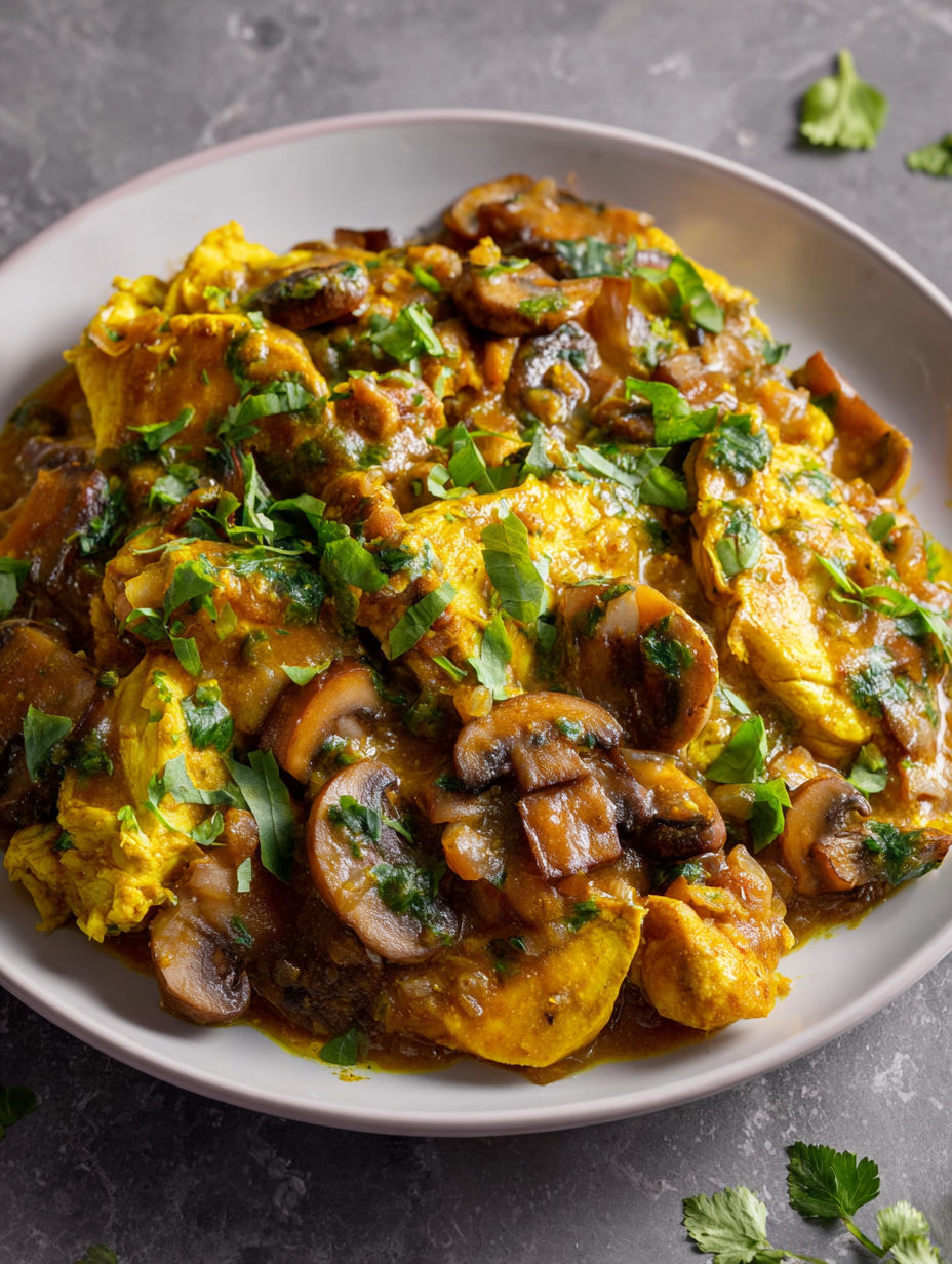 A plate of food with mushrooms and other ingredients.