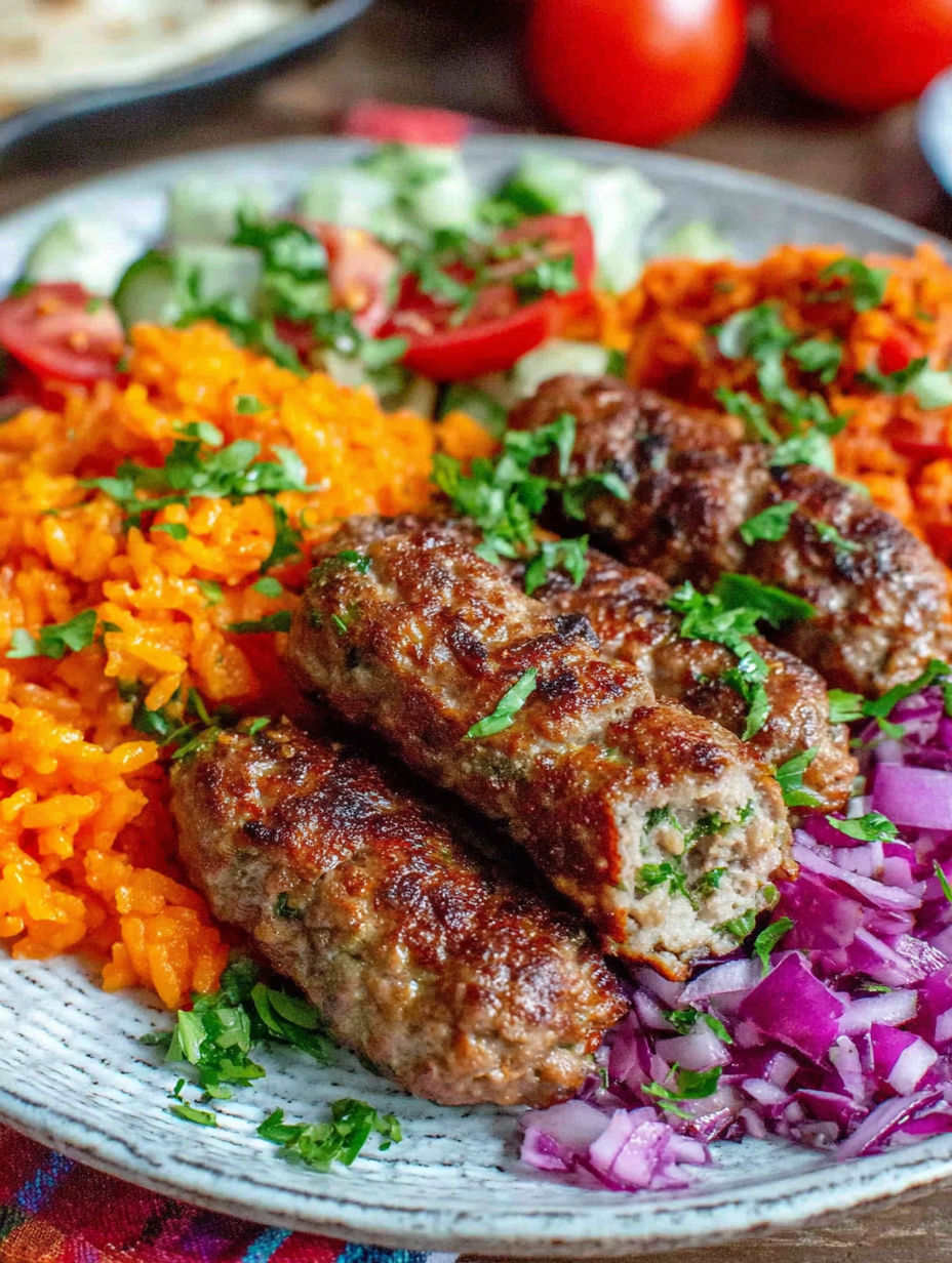 A plate of food with meat, vegetables and rice.