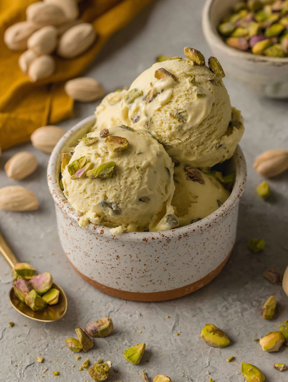 A bowl of pistachio ice cream.