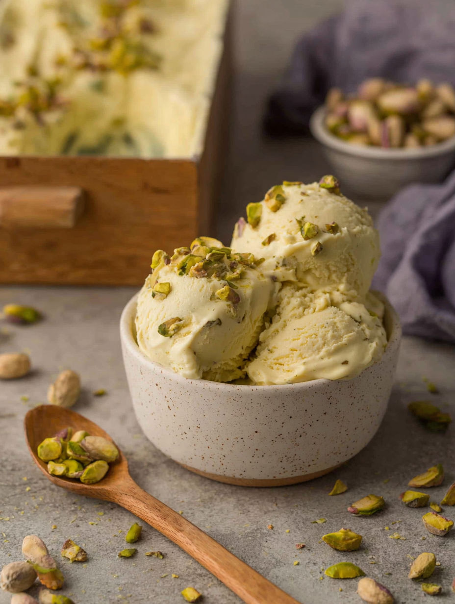 A bowl of pistachio ice cream.