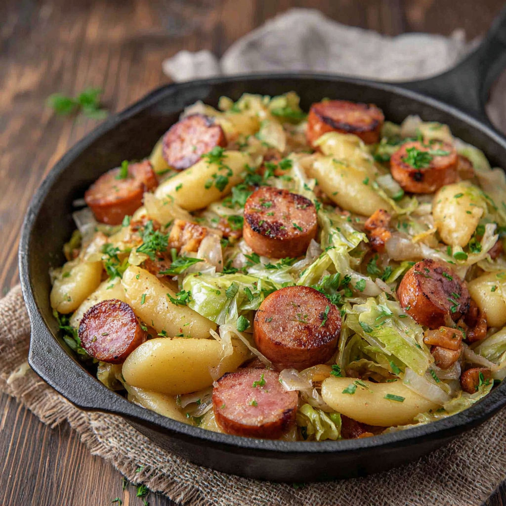 A black cast iron skillet filled with sausage, cabbage and potatoes.