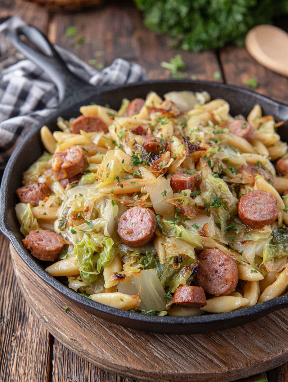 A pan of food with sausage and cabbage.