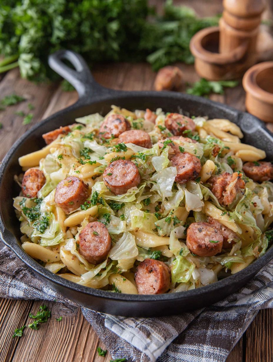 A black skillet with sausage and cabbage.