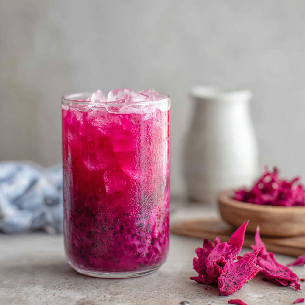 A glass of pink drink with ice and a bowl of fruit next to it.