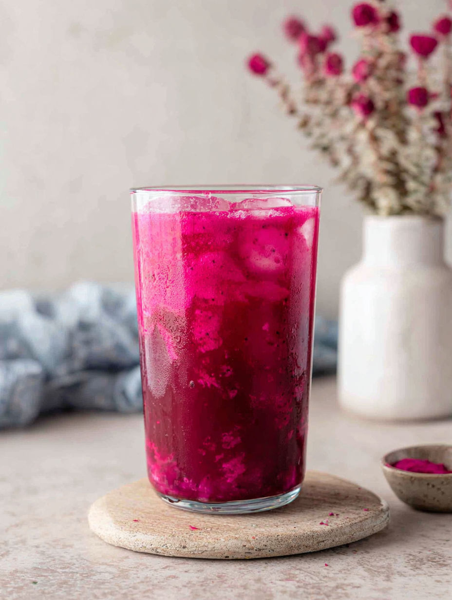 A glass of pink drink with ice.