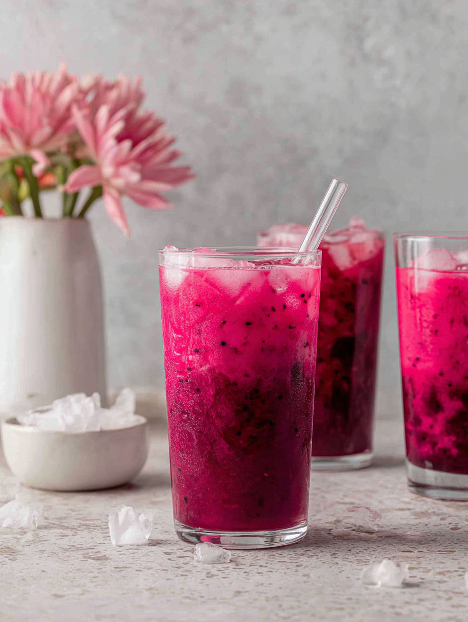 A glass of pink drink with a straw in it.