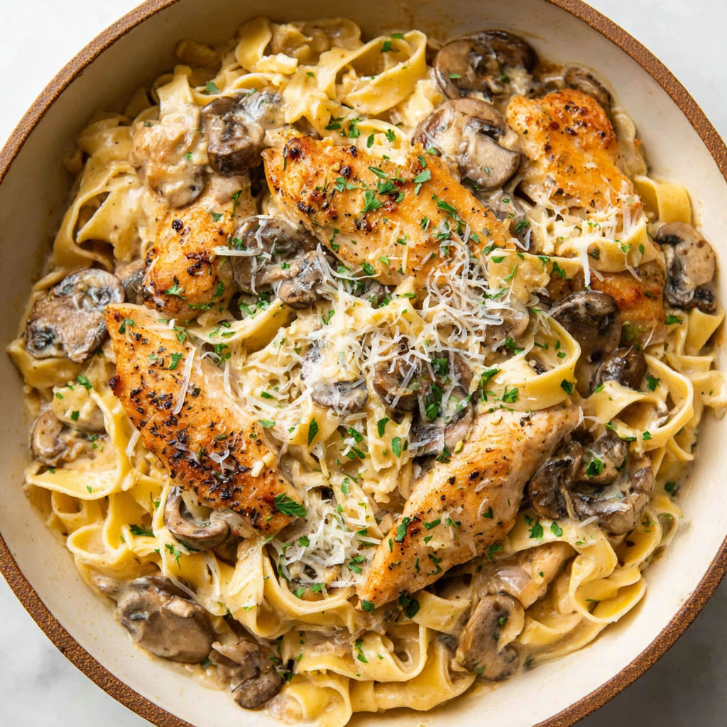A bowl of chicken and mushrooms.