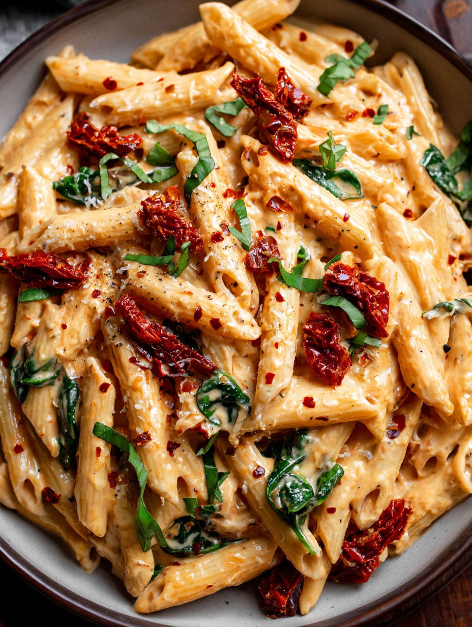 A bowl of pasta with tomatoes and cheese.