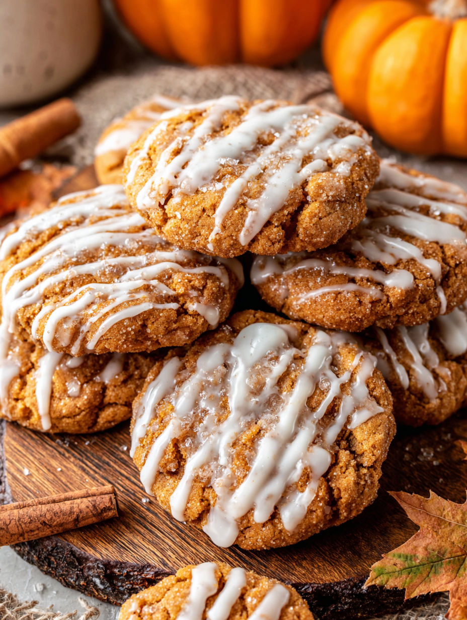 A stack of chewy pumpkin coffee cake cookies.