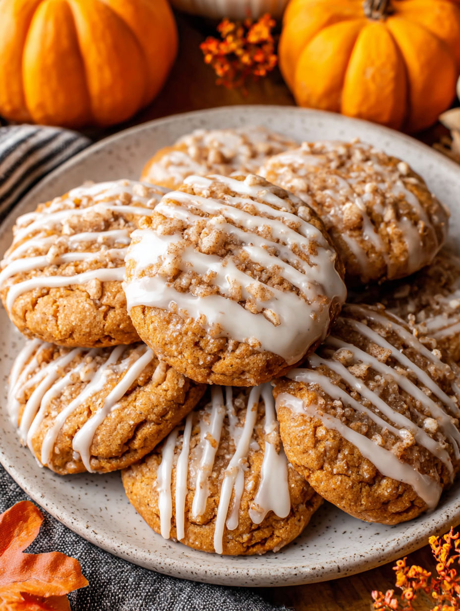 A plate of chewy pumpkin coffee cake cookies.