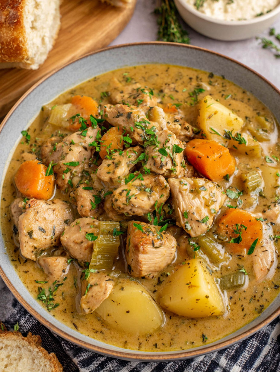 A bowl of chicken stew with carrots and herbs.