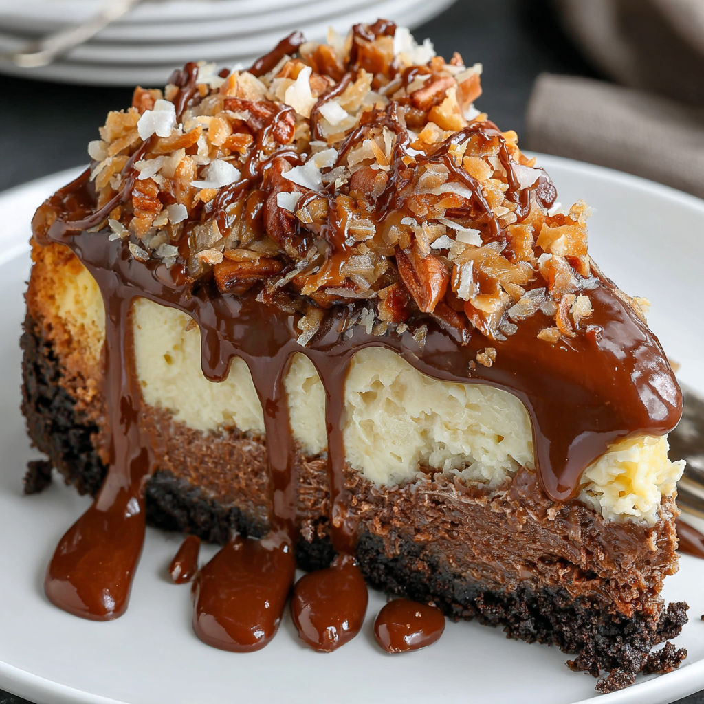 A slice of German Chocolate Cheesecake.