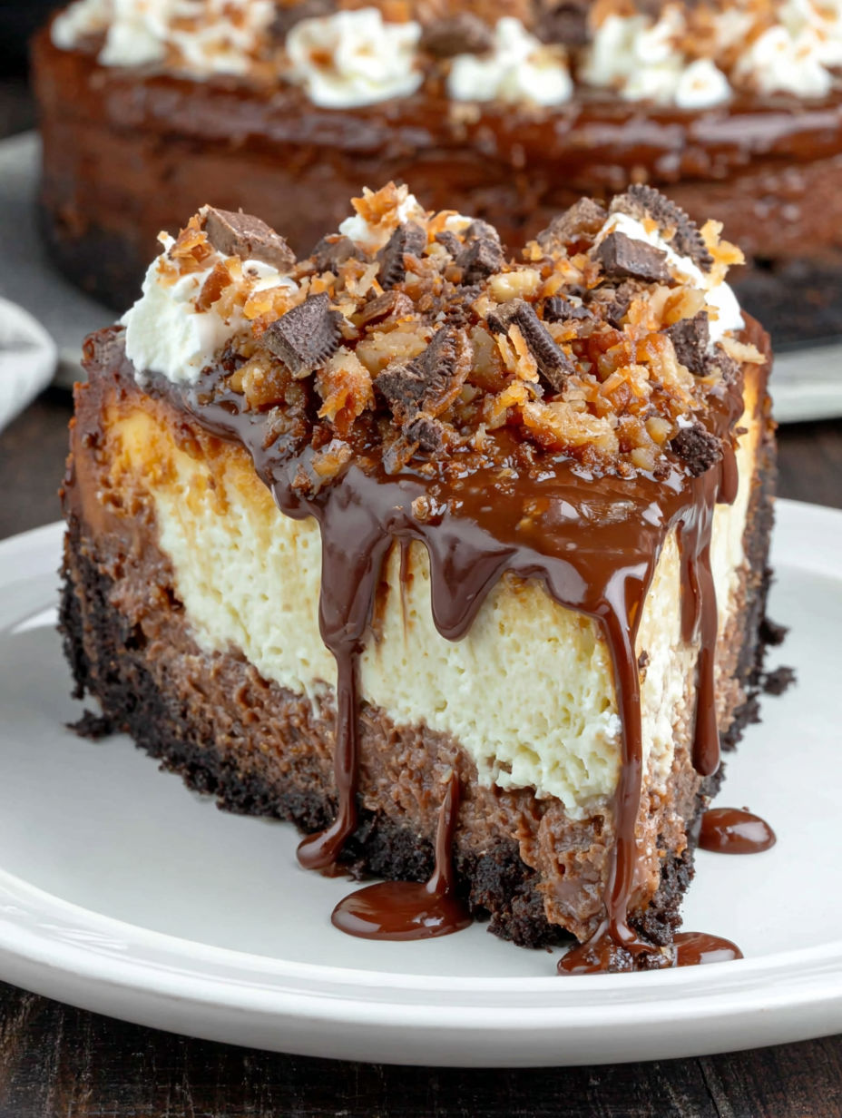 A slice of German Chocolate Cheesecake.