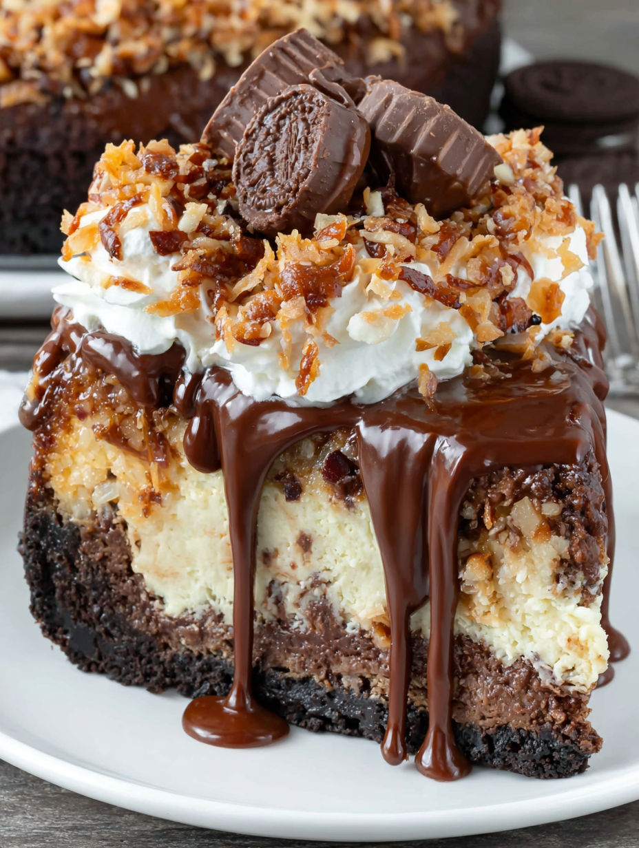 A slice of German Chocolate Cheesecake.