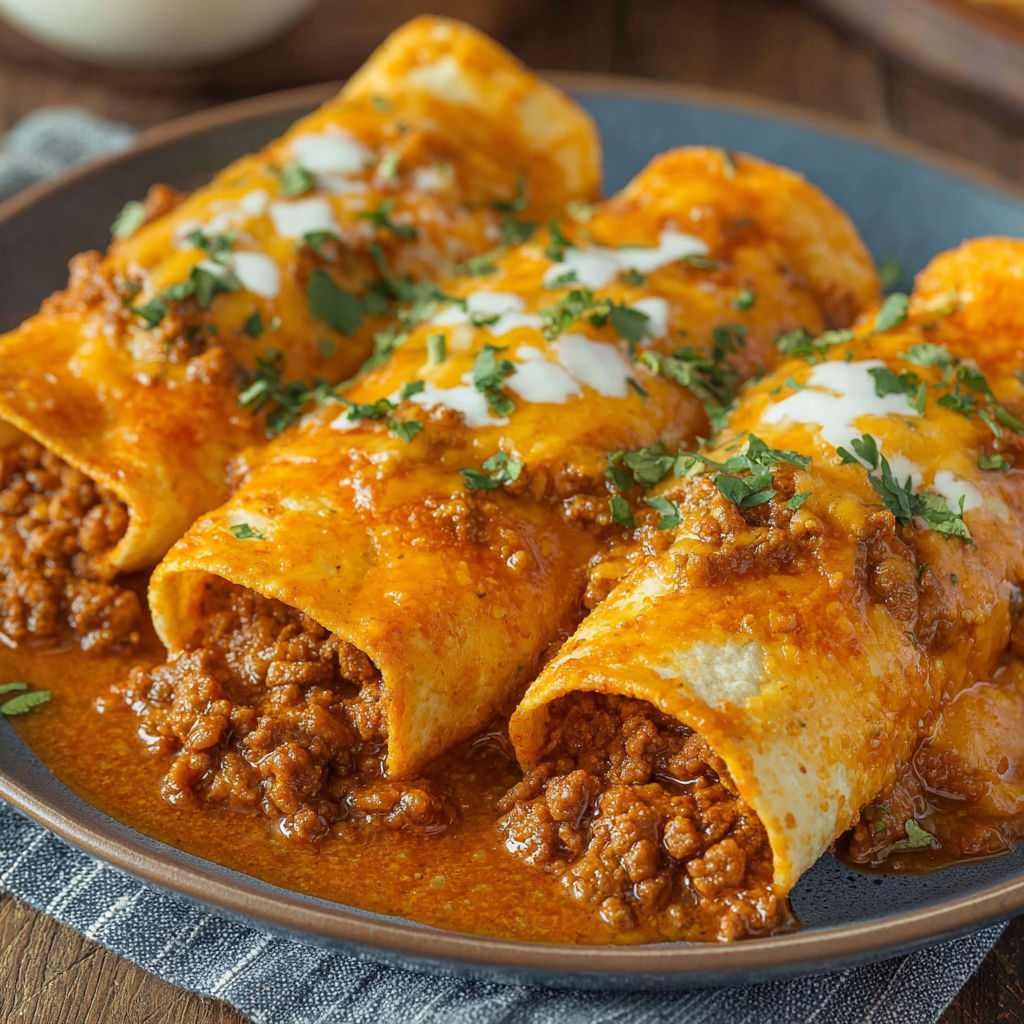 A plate of beef enchiladas with white cheese on top.