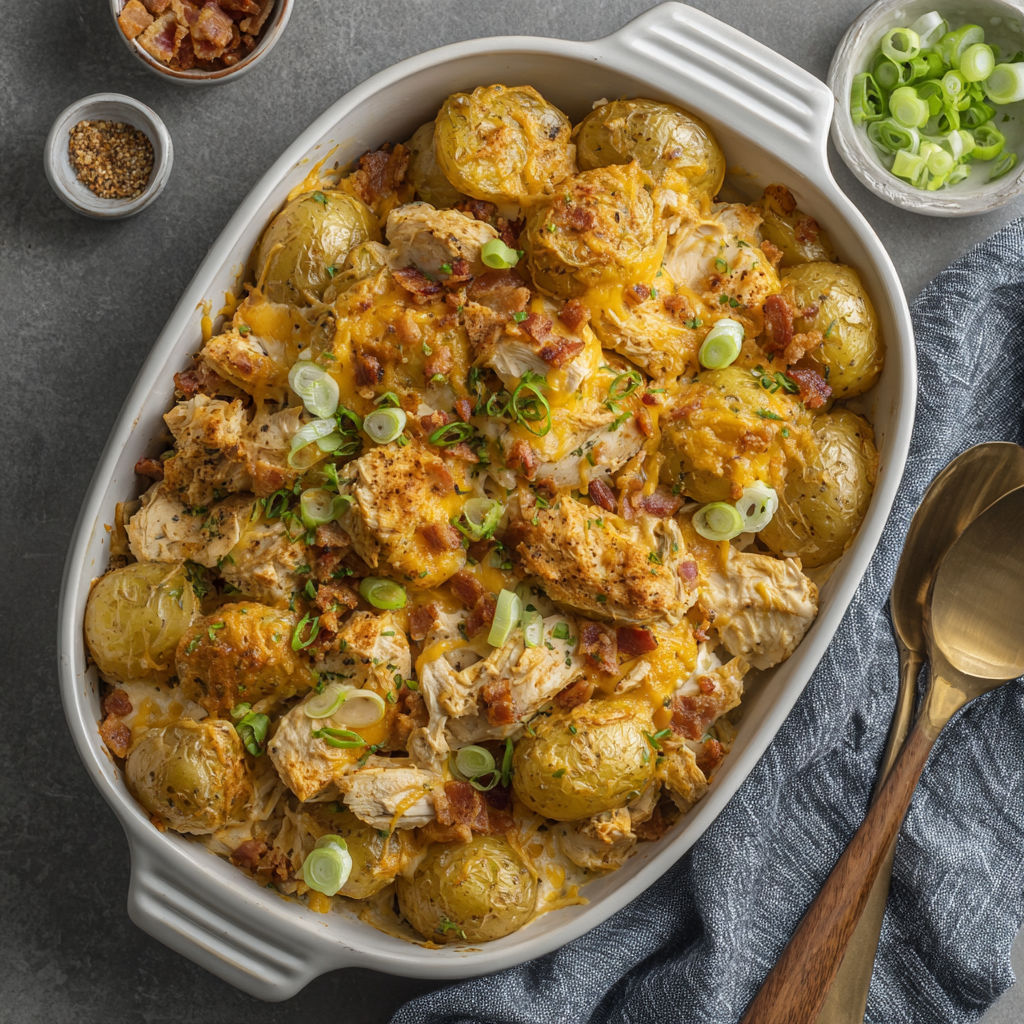 A dish of potatoes and chicken with bacon and cheese.