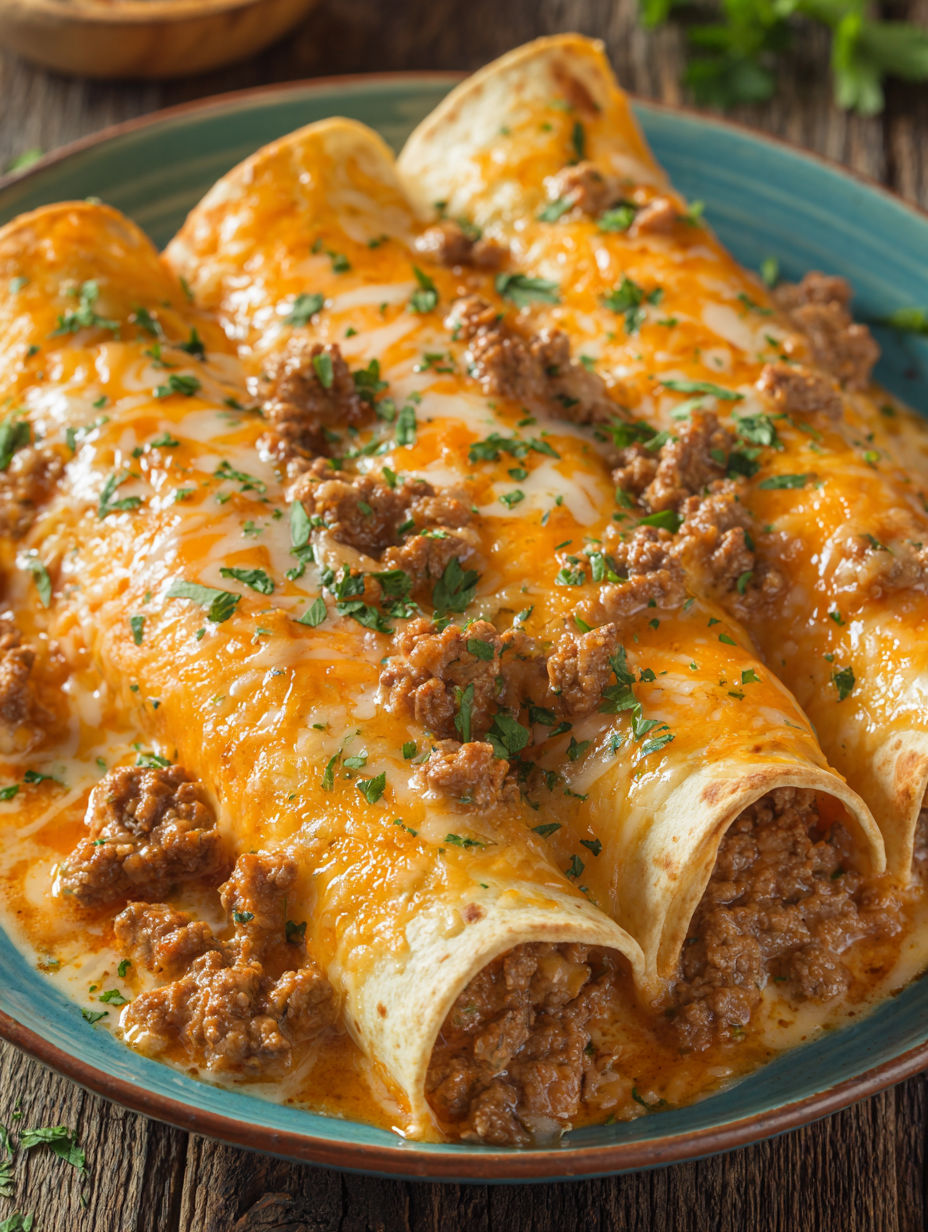 A plate of beef enchiladas with cheese and meat.