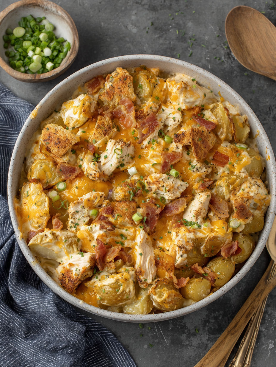 A bowl of chicken and potatoes with a spoon in it.