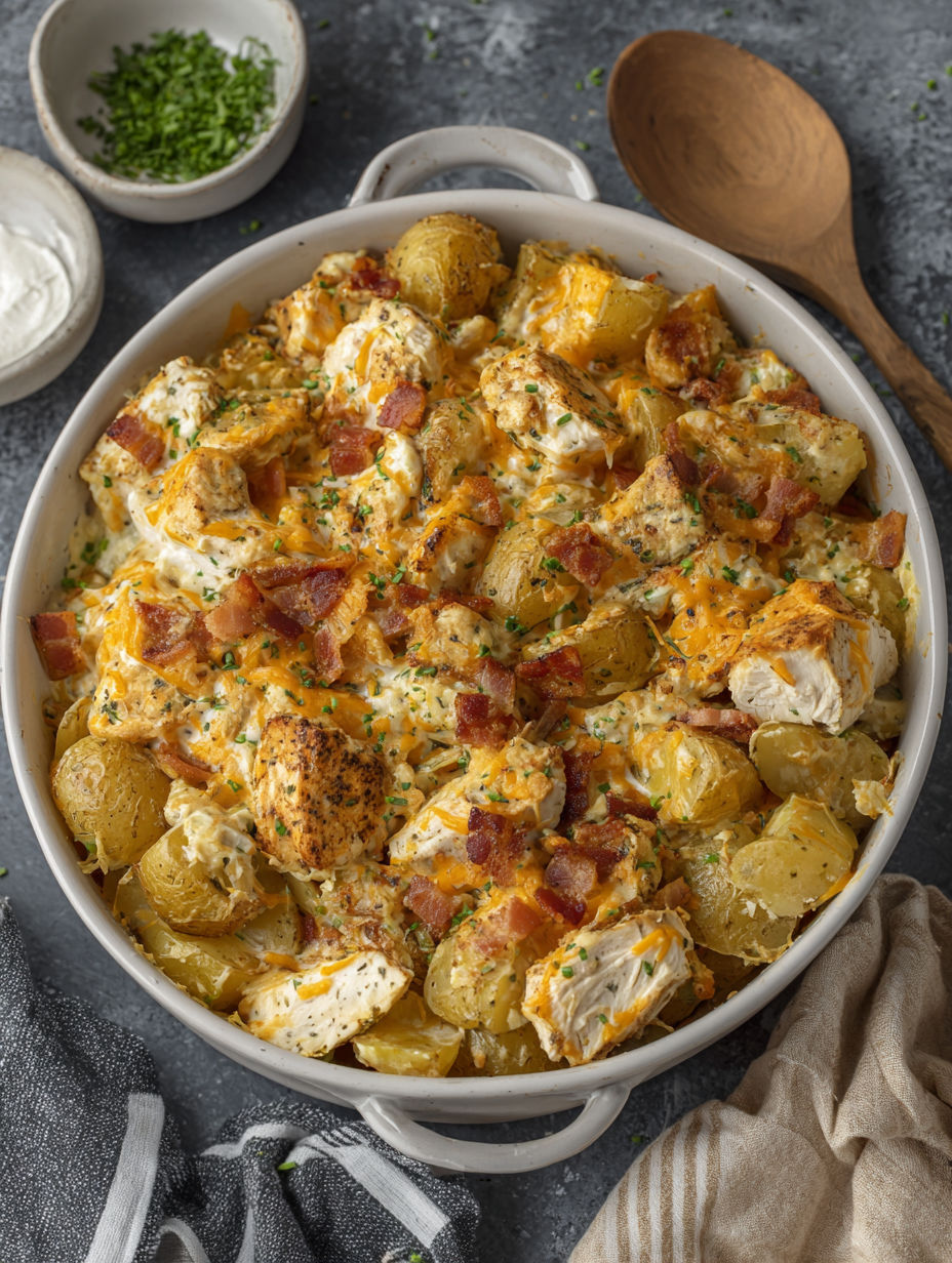 A dish of chicken and potatoes.