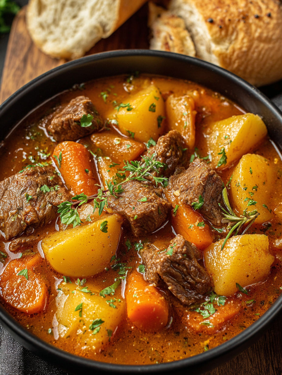 A bowl of stew with meat and vegetables.