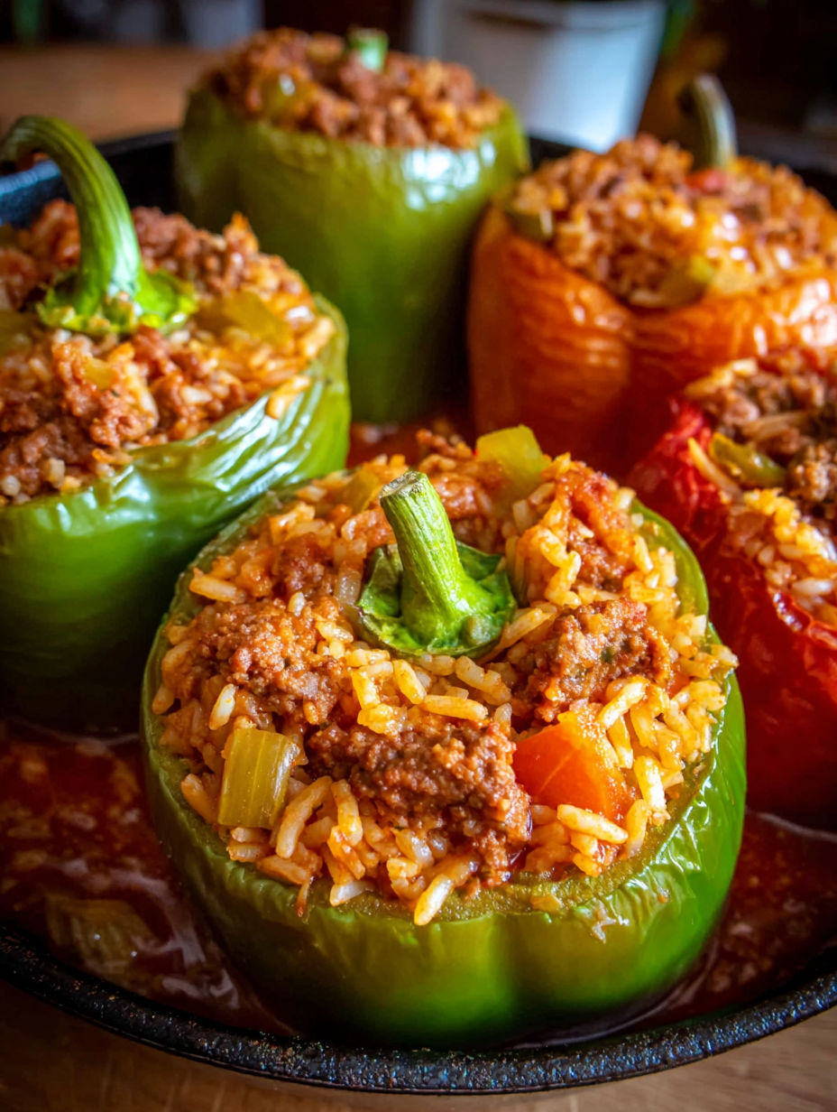 A close up of a red pepper with rice and meat inside.