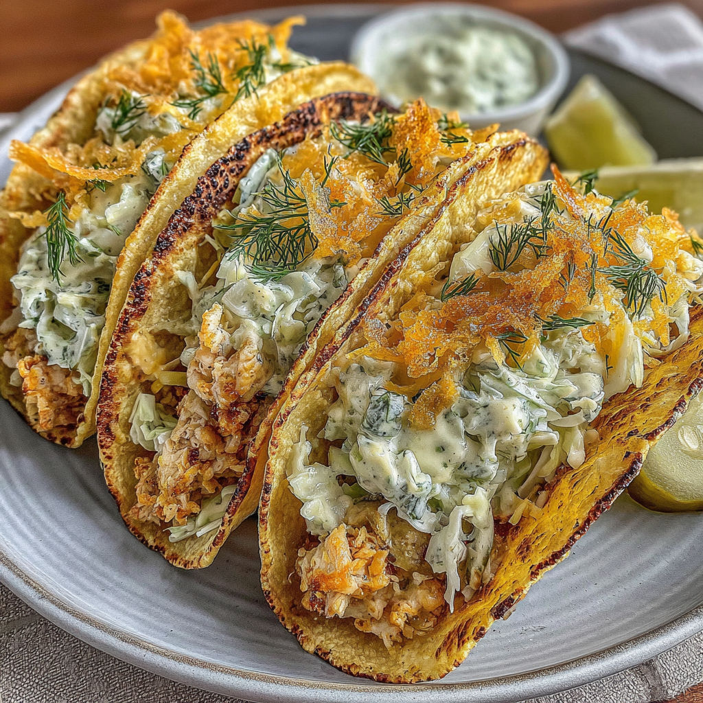 A plate of Dill Pickle Ranch Chicken Tacos with Crispy Cheese Lace.