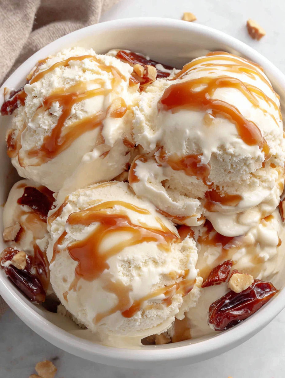 A bowl of ice cream with caramel drizzled on top.