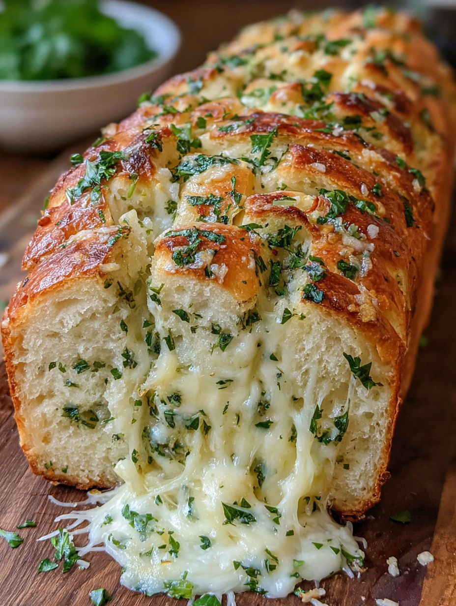 A loaf of bread with cheese on top.