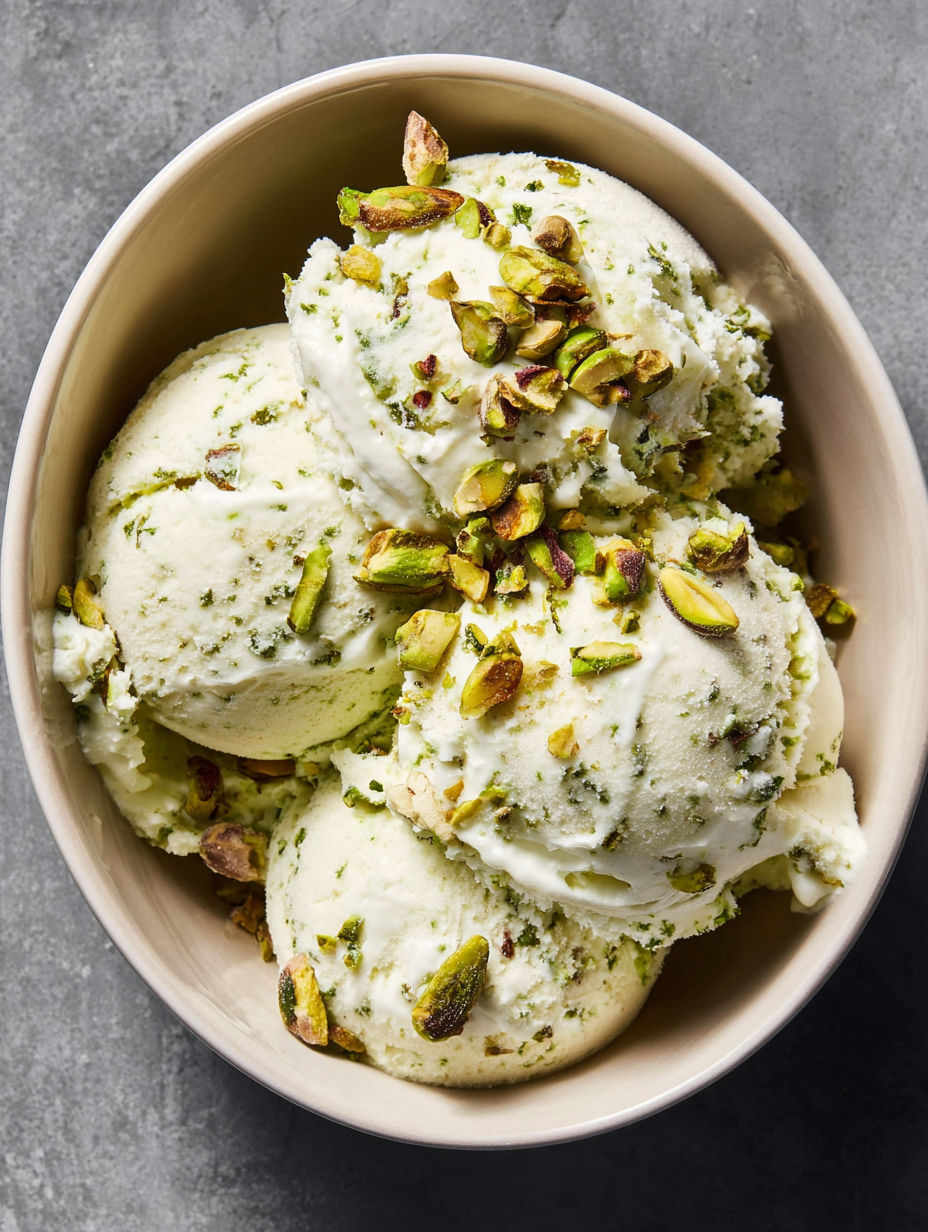 A bowl of creamy pistachio cottage cheese ice cream.