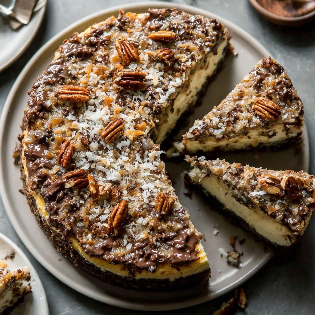 A slice of chocolate cheesecake with nuts on top.