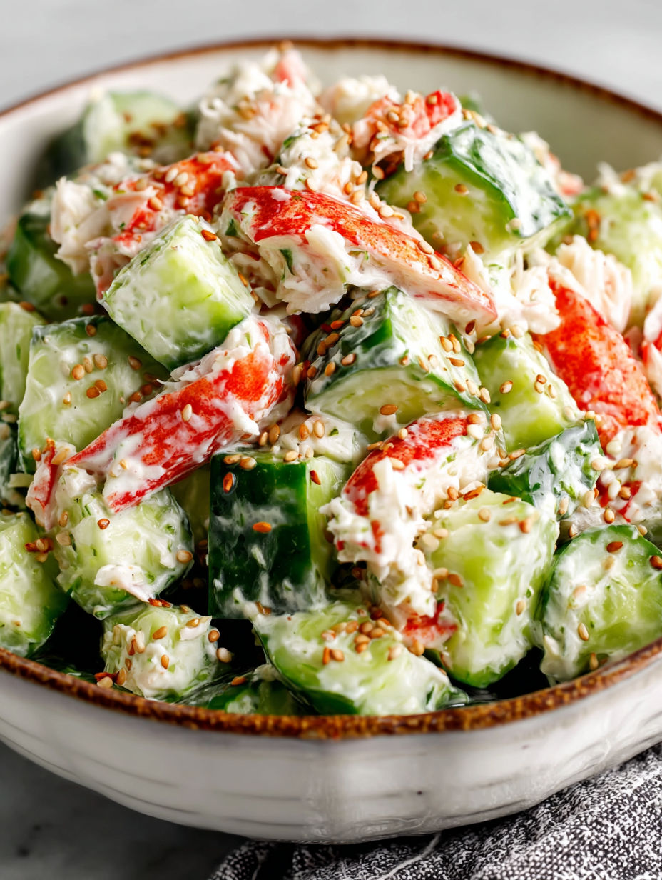 A bowl of food with cucumbers, rice, and other vegetables.