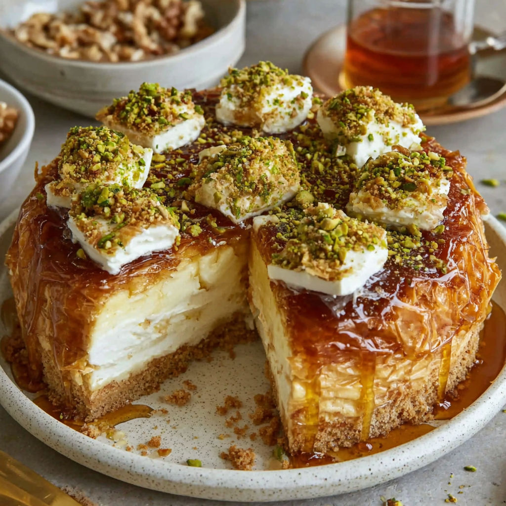 A slice of baklava cheesecake on a plate.