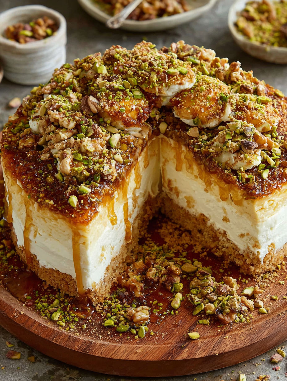 A slice of baklava cheesecake with nuts on top.