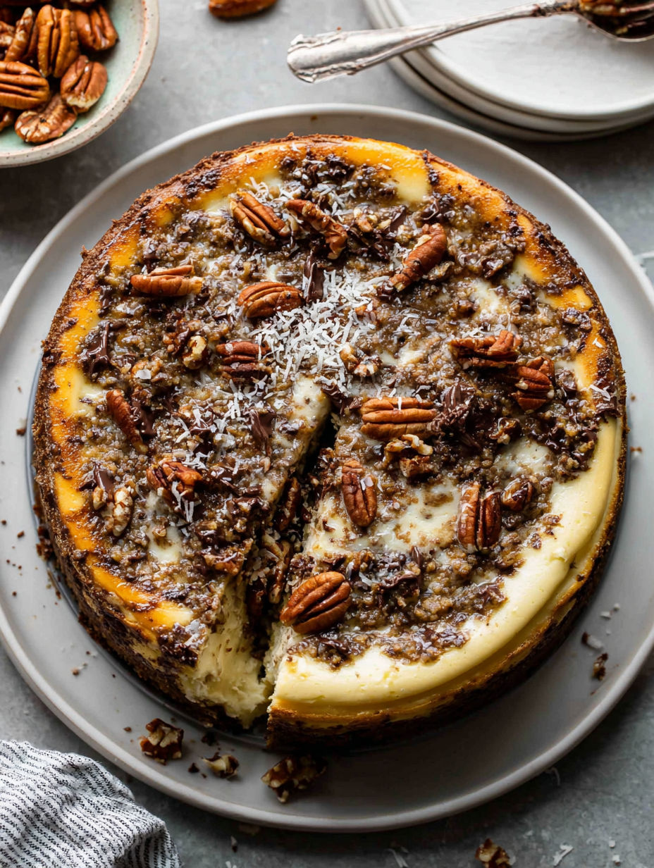 A slice of cheesecake with pecans on top.