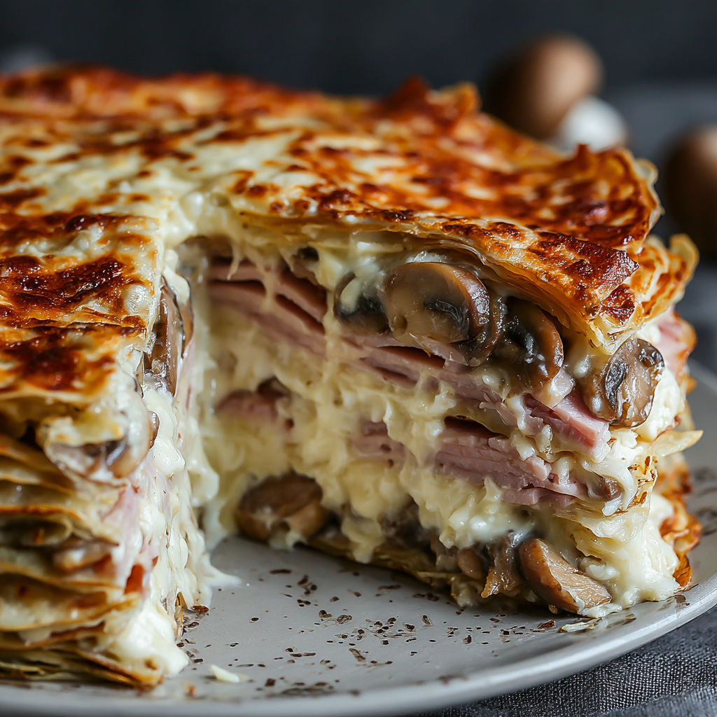 A slice of a crepe pie with mushrooms and ham.