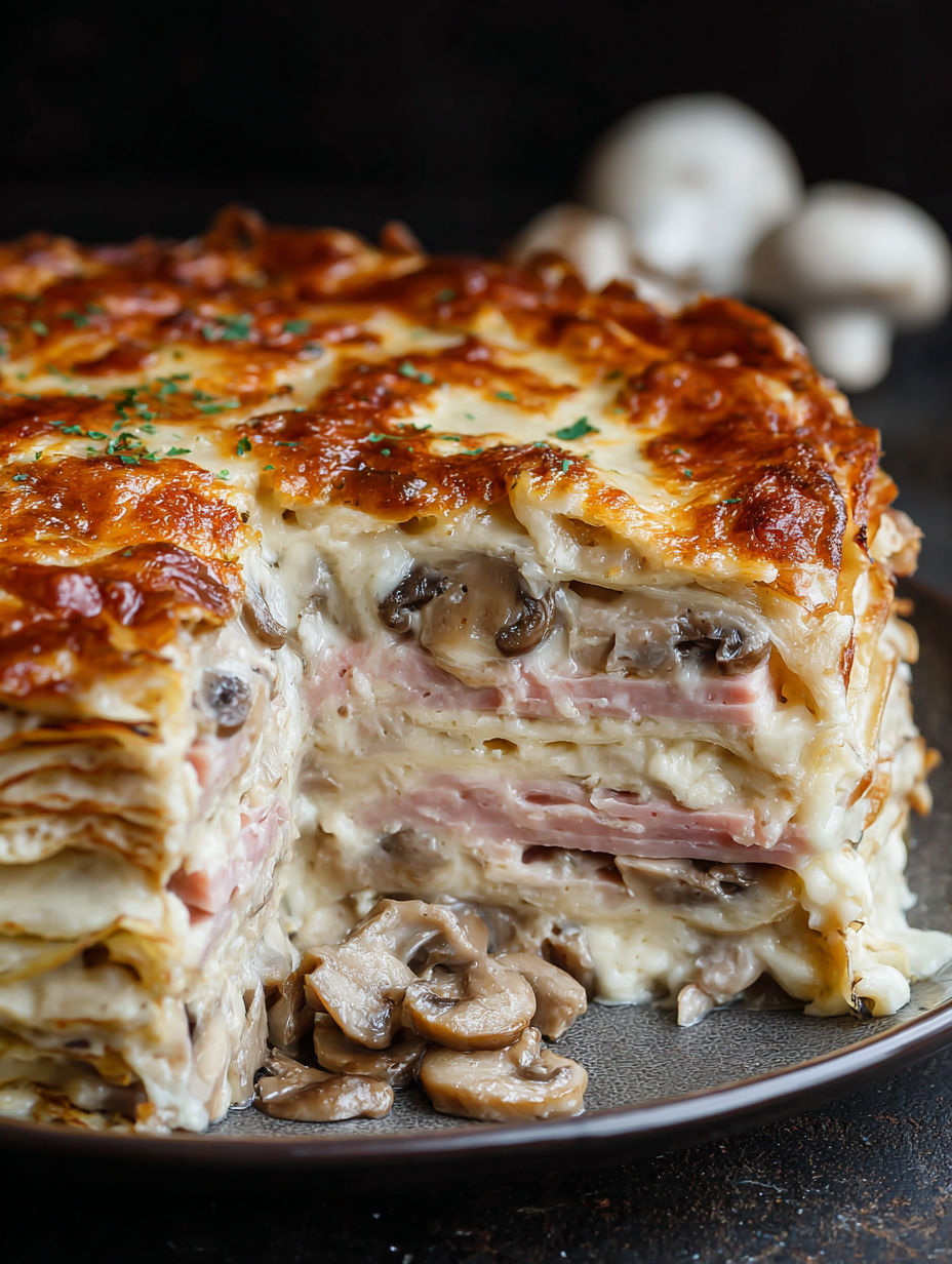 A slice of lasagna with mushrooms and cheese.